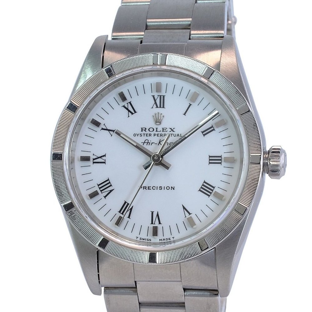 Rolex Airking White IndexRoman Dial Steel Engine Turned Oyster Watch 34mm 14010